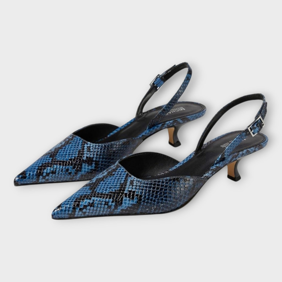 Michael Kors Blue Luna Embossed Slingback Kitten Heel Pointed Toe Pump Shoes 9M - Picture 1 of 13